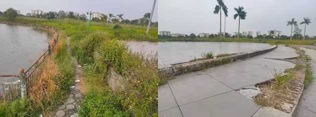 Không được duy tu, chỉnh trang nên khắp công viên Việt Hưng cỏ dại mọc um tùm. Gạch lát tại khu vực sân khấu ở quảng trường trung tâm vỡ nát, bong tróc, loang lổ. 