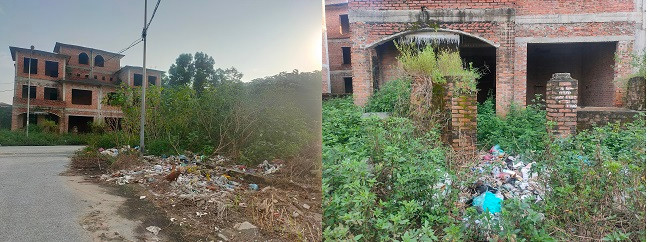 Do bỏ hoang lâu ngày, nhiều khu vực đất trống trước các căn biệt thự trở thành nơi tập kết rác. 