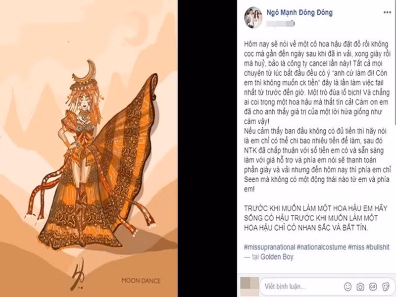 Năm 2019, Ngô Mạnh Đông Đông tố Ngọc Châu đã đặt đơn hàng làm trang phục dân tộc để đi thi quốc tế nhưng sau đó hủy đơn hàng dù thiết kế sắp sửa hoàn thành. Ảnh: Saostar