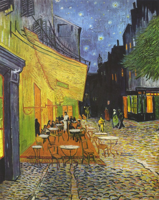 Bức Cà phê vỉa hè trong đêm (Café Terrace at Night) của Vincent van Gogh: Vincent van Gogh thường sử dụng bầu trời đầy sao trong các bức tranh của mình, nhưng bức tranh này khác biệt hơn cả. Mặc dù anh không ký tên vào bức tranh, nhưng chắc chắn đó là tác phẩm của van Gogh vì ông ấy đã mô tả chi tiết nó trong những bức thư gửi cho em gái mình. Đây là bức tranh đầu tiên ông sử dụng phông nền đầy sao. Trong bức tranh này, các chòm sao được mô tả với độ trung thực cao đến mức các nhà khoa học có thể xác định chính xác ngày tạo ra bức tranh là ngày 16 hoặc 17 tháng 9 năm 1888. Ngoài ra, mặc dù họa sĩ miêu tả bầu trời đêm trong bức tranh của mình, nhưng ông hoàn toàn không sử dụng màu đen. Ông chỉ cần dùng màu xanh lam, tím và xanh lục.