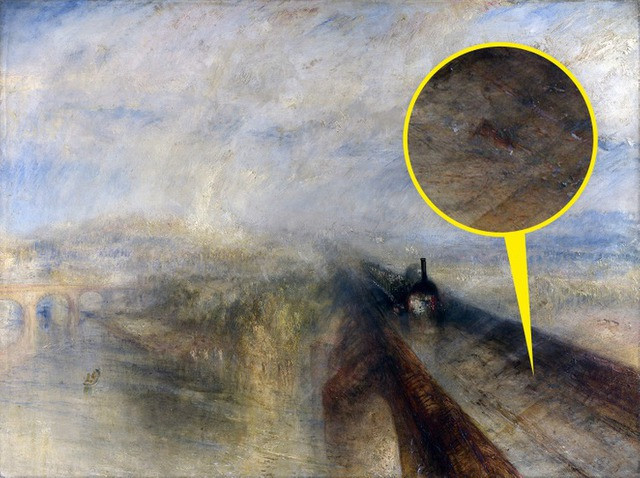 Bức Rain, Steam and Speed – The Great Western Railway của J. M. W. Turner: Bức tranh này được vẽ trong cuộc Cách mạng Công nghiệp, khi thế giới có sự thay đổi lớn từ nền kinh tế nông nghiệp sang sản xuất máy móc. Tuy nhiên, các nghệ sĩ thời đó cho rằng hình ảnh công nghiệp không đủ tốt để mô tả trong tranh. Vì vậy, việc họa sĩ J. M. W. Turner chọn chủ đề này cho bức tranh của mình chứng tỏ rằng ông đã đi trước thời đại, vì ông đã cho thấy tiến bộ công nghiệp là một điều gì đó đẹp đẽ và hấp dẫn. Mặc dù hầu hết mọi thứ trong bức tranh đều được làm mờ để thể hiện sức mạnh của tốc độ, nhưng bạn vẫn có thể thấy một con thỏ đang chạy dọc theo đường ray (được phóng to trong vòng tròn màu vàng). Có lẽ nghệ sĩ cho rằng công nghệ mới có thể trở nên nguy hiểm cho thiên nhiên và nhân loại trong tương lai.