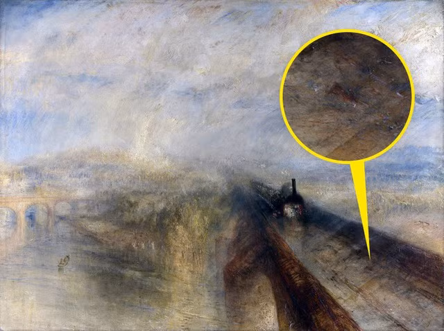Bức Rain, Steam and Speed – The Great Western Railway của J. M. W. Turner: Bức tranh này được vẽ trong cuộc Cách mạng Công nghiệp, khi thế giới có sự thay đổi lớn từ nền kinh tế nông nghiệp sang sản xuất máy móc. Tuy nhiên, các nghệ sĩ thời đó cho rằng hình ảnh công nghiệp không đủ tốt để mô tả trong tranh. Vì vậy, việc họa sĩ J. M. W. Turner chọn chủ đề này cho bức tranh của mình chứng tỏ rằng ông đã đi trước thời đại, vì ông đã cho thấy tiến bộ công nghiệp là một điều gì đó đẹp đẽ và hấp dẫn. Mặc dù hầu hết mọi thứ trong bức tranh đều được làm mờ để thể hiện sức mạnh của tốc độ, nhưng bạn vẫn có thể thấy một con thỏ đang chạy dọc theo đường ray (được phóng to trong vòng tròn màu vàng). Có lẽ nghệ sĩ cho rằng công nghệ mới có thể trở nên nguy hiểm cho thiên nhiên và nhân loại trong tương lai.