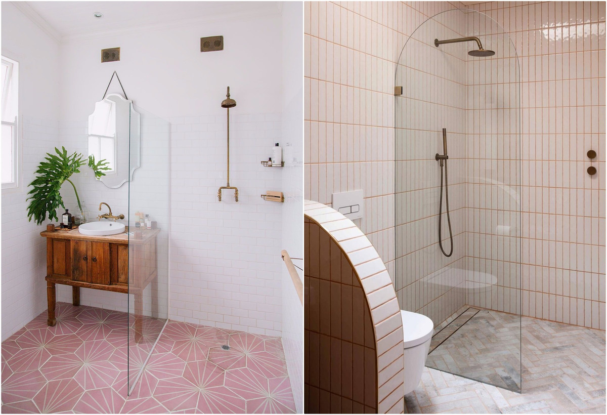  4. Gạch màu hồng: Màu hồng giúp mang đến vẻ tươi vui, đầy màu sắc cho nhà tắm. Gam màu hồng nhạt được sử dụng phổ biến hơn cả. Gạch lát với gam màu hồng nhạt khá tươi sáng nên bạn có thể dùng thoải mái với mọi căn phòng tắm bất chấp diện tích lớn hay nhỏ. Nếu bạn cảm thấy cả căn phòng tắm ốp gạch màu hồng thì quá nữ tính, có thể cân nhắc đến việc kết hợp với một màu gạch khác, dễ dàng nhất chính là màu trắng.