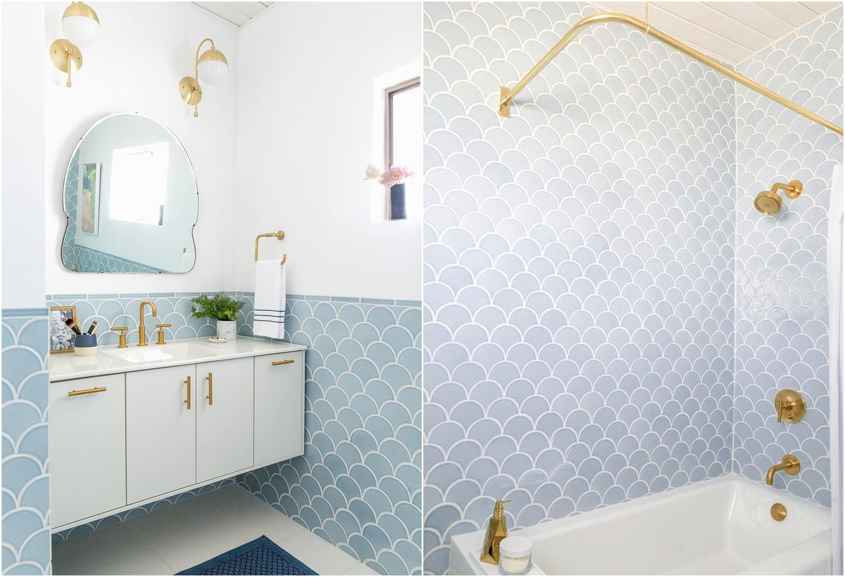  3. Gạch màu xanh dương: Thực tế thì từ trước đến này, gạch màu xanh dương vẫn luôn được ưa chuộng dùng bên trong nhà tắm. Gam màu gợi nhắc ta liên tưởng đến bầu trời xanh hay những cơn sóng. Bởi thế mà nhà tắm sử dụng gạch lát màu xanh dương luôn có một không gian dịu mát cho người dùng.