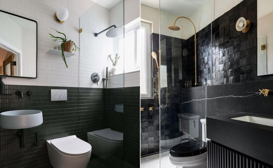  6. Gạch màu đen: Gạch màu đen có thể là một lựa chọn làm nhiều người bất ngờ. Bạn cần tin rằng gạch màu đen sẽ mang đến cho gia đình một căn phòng tắm độc đáo, thú vị nếu biết cách thiết kế. Điều quan trọng nhất với nhà tắm sử dụng gạch lát màu đen chính là nguồn ánh sáng. Bên cạnh đó, hay ưu tiên lựa chọn gạch lát màu đen có bề mặt bóng, hiệu ứng mà chúng đem đến nhà tắm chắc chắn sẽ làm bạn hài lòng.