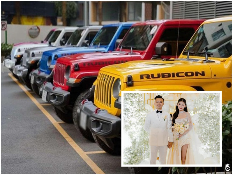 Hoa hậu Lê Âu Ngân Anh cũng là mỹ nhân Việt lên xe hoa năm 2022. Trong lễ vu quy, nhà trai đã dùng 6 chiếc xe jeep đủ màu sắc để rước dâu. Ảnh: Hoa học trò, FBNV