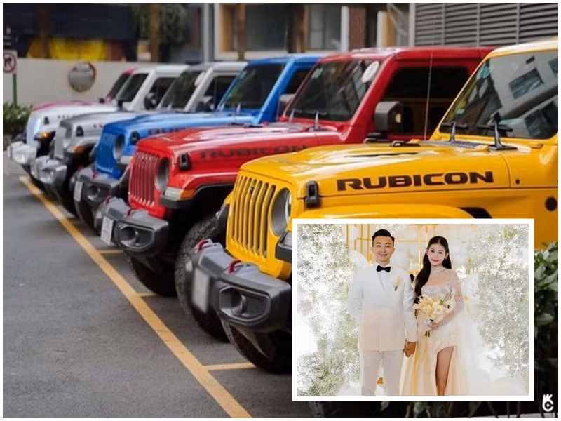 Hoa hậu Lê Âu Ngân Anh cũng là mỹ nhân Việt lên xe hoa năm 2022. Trong lễ vu quy, nhà trai đã dùng 6 chiếc xe jeep đủ màu sắc để rước dâu. Ảnh: Hoa học trò, FBNV