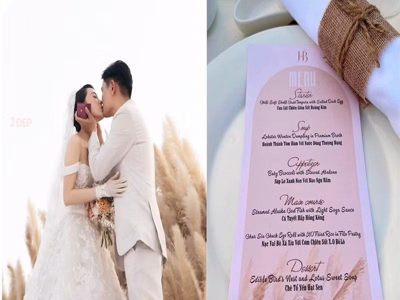 Vợ chồng Minh Hằng còn chuẩn bị menu tiệc cưới gồm các sơn hào hải vị như cua lột chiên giòn sốt hoàng kim, hoành thánh tôm hùm với nước dùng thượng hạng, súp lơ xanh non với bào ngư hầm, cá tuyết hấp Hong Kong. Ngoài ra, Minh Hằng còn chi hơn nửa tỷ đồng cho váy cưới. Ảnh 2dep