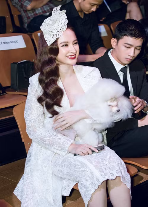 Cũng trong năm 2016, Angela Phương Trinh gây chú ý khi bế chú cún cưng ngồi xem thời trang. Ảnh: Dân Việt