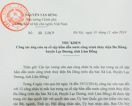 THƯ KHEN công tác ứng cứu sự cố sập hầm dẫn nước công trình thủy điện Đa Dâng, huyện Lạc Dương, tỉnh Lâm Đồng.