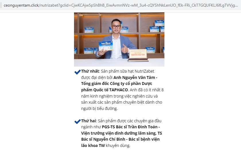 Cảnh báo không mua sữa hạt hỗ trợ tiểu đường Nutrizabet: Tổng giám đốc TAPHACO liên đới? Canh bao khong mua sua hat ho tro tieu duong Nutrizabet: Tong giam doc TAPHACO lien doi?