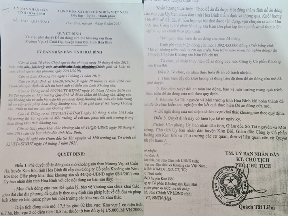 Theo tìm hiểu ngày 5/8/2021, Phó Chủ tịch UBND tỉnh Hòa Bình Quách Tất Liêm đã ký ban hành Quyết định số 1642/QĐ-UBND, về việc phê duyệt đề án đóng cửa mỏ khoáng sản than Mường Vọ, huyện Kim Bôi.