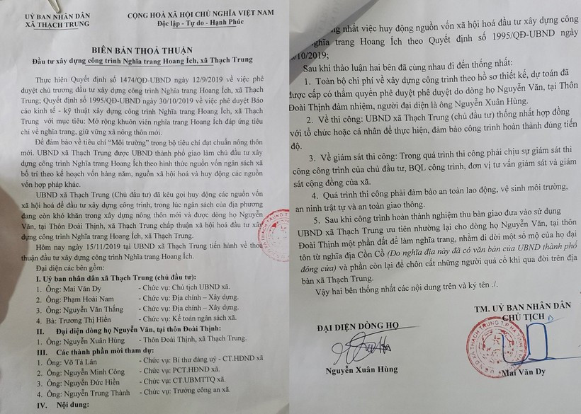 Biên bản thỏa thuận UBND xã Thạch Trung đã thống nhất giao cho ông Nguyễn Xuân Hùng triển khai xây dựng theo hình thức "đầu tư công trình lấy đất".