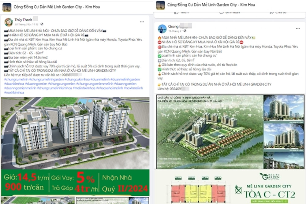 Trên mạng xã hội cũng xuất hiện nhiều hội nhóm đăng các thông tin liên quan đến việc nhận đăng ký hồ sơ mua NOXH tại dự án khu đô thị Kim Hoa, với giá từ 900 triệu đồng/căn. Các thông tin còn cam kết hỗ trợ vay 70% giá trị căn hộ, lãi suất 5%. (Ảnh chụp màn hình).