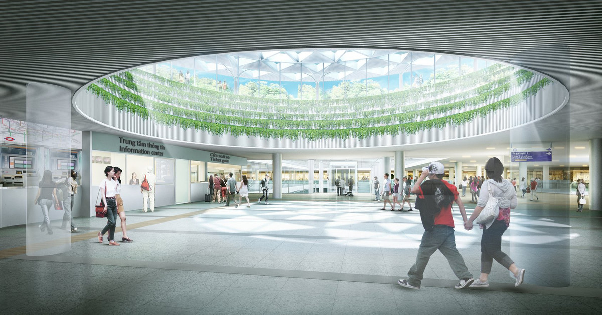 Phối cảnh Nhà ga Bến Thành với điểm nhấn là giếng trời lấy sáng.