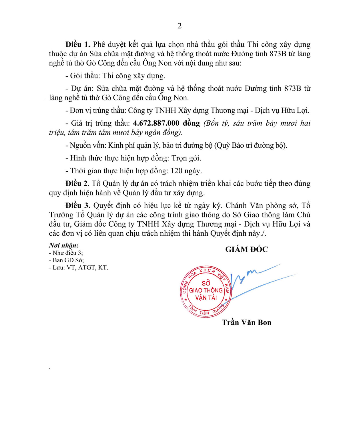 Tien Giang: Goi thau sua chua DT 873B hon 4,6 ty ve tay Huu Loi
