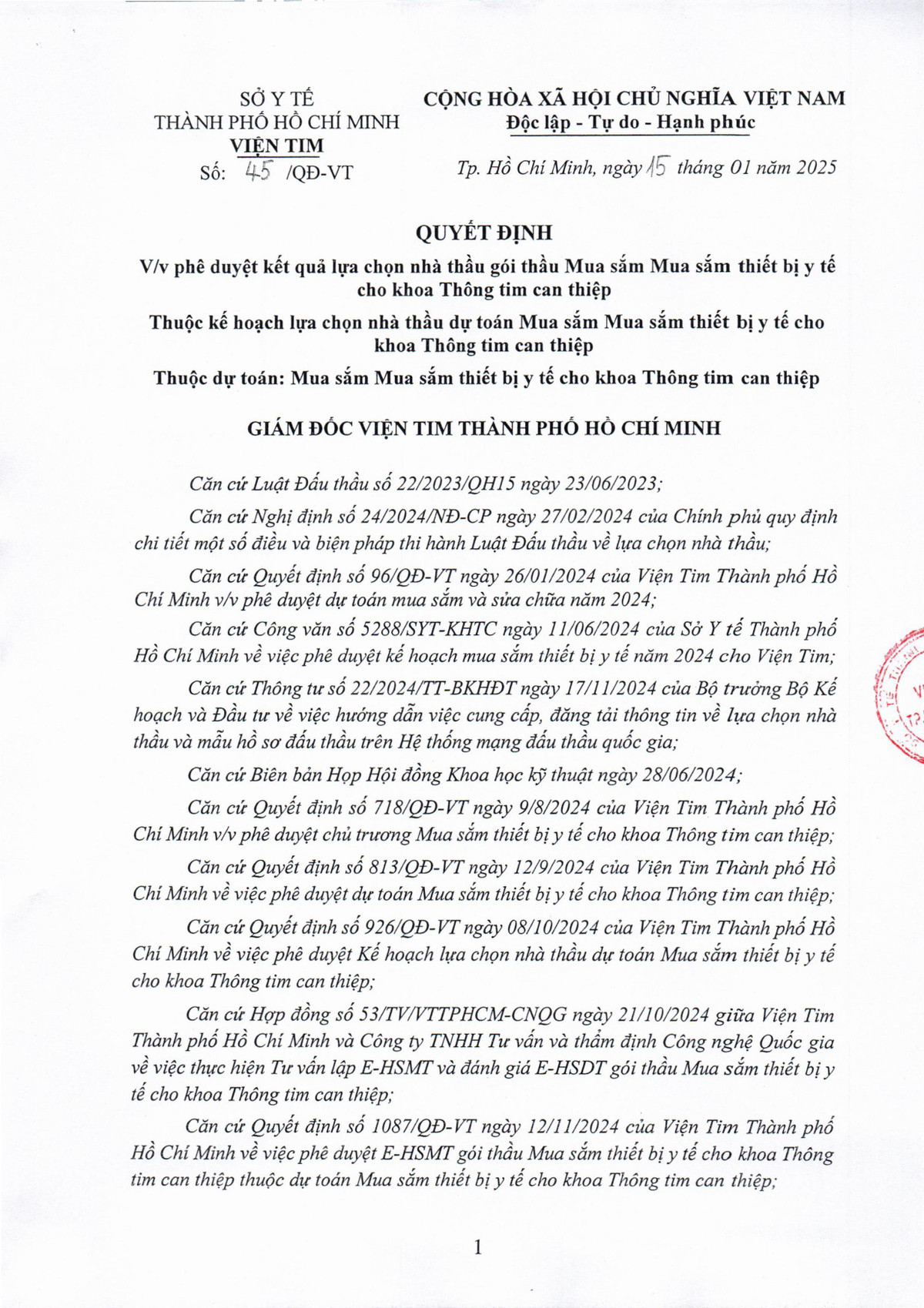 Vien Tim TPHCM da tim duoc nha thau cung cap goi thiet bi y te