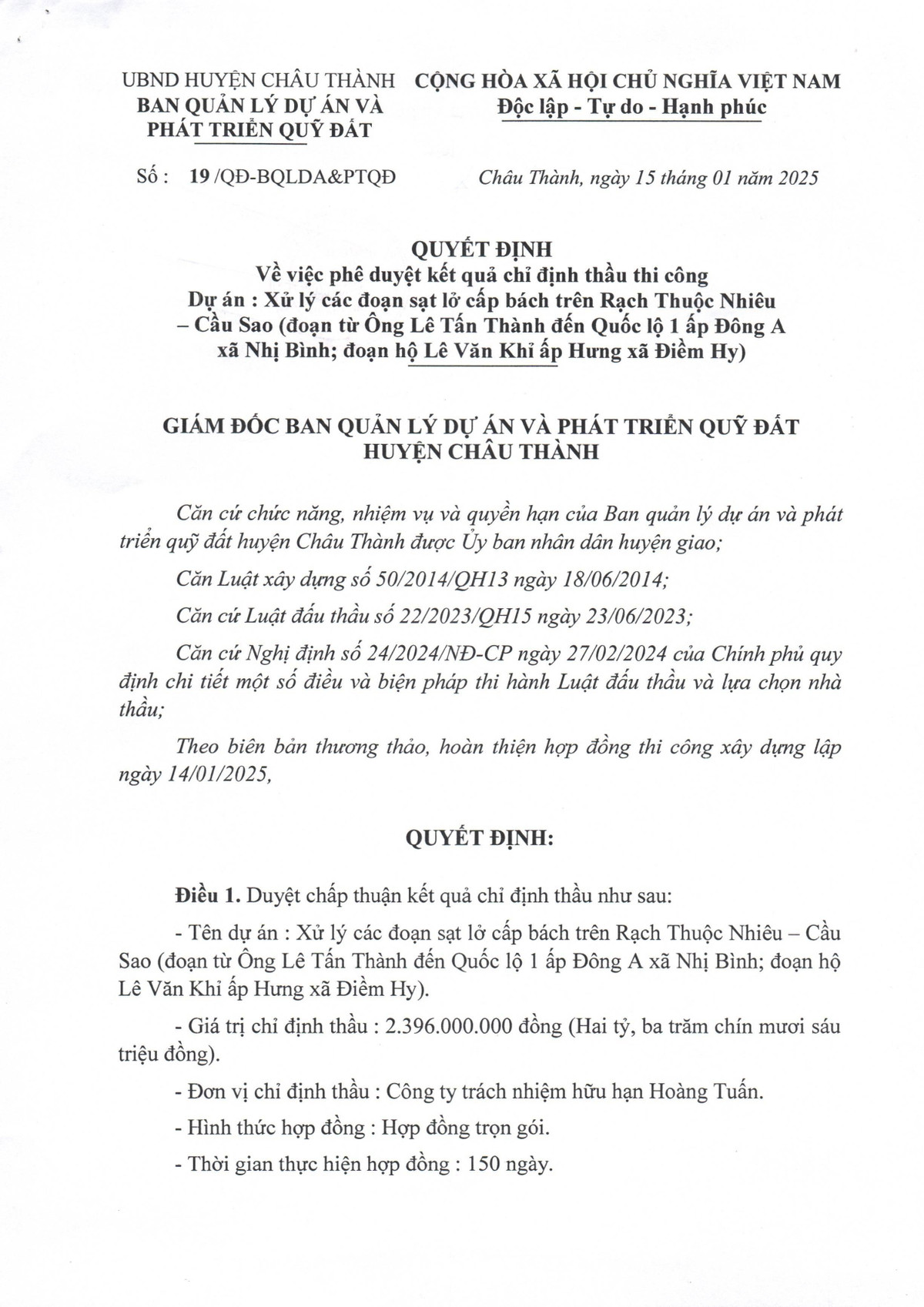 Tien Giang: Cty Hoang Tuan duoc chi dinh goi thau xay lap hon 2,3 ty