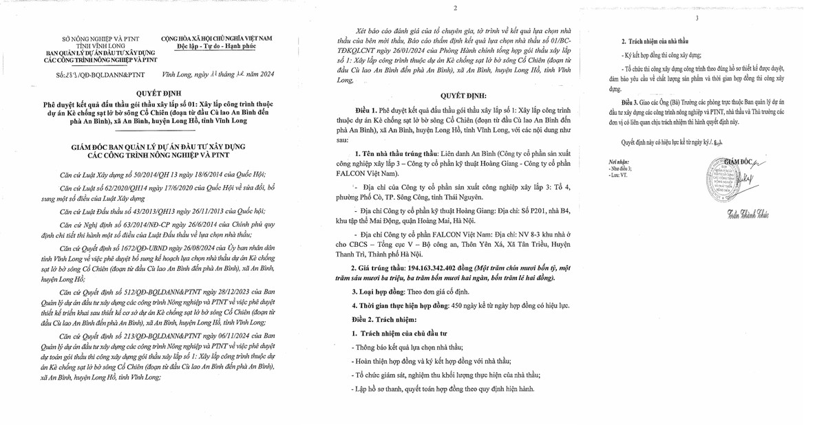 Vinh Long: Lien danh An Binh trung goi thau xay lap hon 194 ty