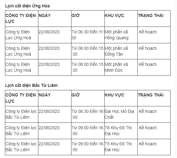 Tùy theo tình hình thời tiết và kế hoạch thay đổi nên lịch cắt điện Hà Nội hôm nay có thể được điều chỉnh hoãn ở một số nơi. Quý độc giả có thể theo dõi lịch cắt điện thường xuyên trên kienthuc.net để nắm bắt kịp thời, chủ động sắp xếp lịch sinh hoạt và sản xuất phù hợp nhất. 