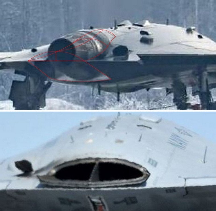 So với thiết kế của động cơ trên máy bay không người lái do Mỹ thiết kế, có thể dễ dàng nhận thấy chiếc UAV S-70 Okhotnik đã có phần đuôi quá lộ liễn với toàn bộ ống phụt động cơ được đặt lộ thiên thay vì đặt bên trong lớp vỏ tàng hình. Nguồn ảnh: RT.