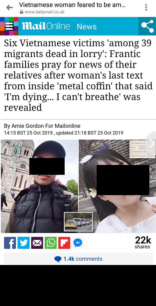 Nạn nhân đầu tiên được xác định danh tính là Pham Thi T.M , 26 tuổi. Theo điều tra của Cảnh sát Anh, Pham Thi T.M đã di chuyển từ Trung Quốc sang Pháp và tìm cách vượt biên trái phép vào Anh bằng đường bộ. Nguồn ảnh: Dailymail.