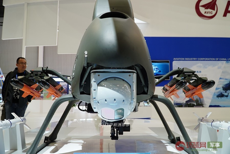 Trung Quốc vừa cho ra mắt một máy bay trực thăng không người lái mang vũ trang cực kỳ hiện đại tại triển lãm quốc phòng hàng không tại Thiên Tân. Nguồn ảnh: Sina.
