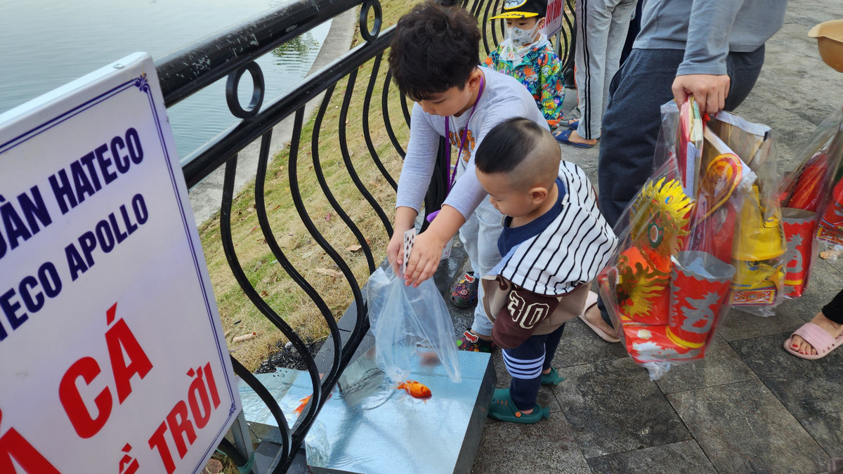 Tại chung cư Hateco Apollo, phường Phương Canh, quận Nam Từ Liêm, Hà Nội, các em nhỏ vui vẻ, hào hứng khi được thả cá Chép. Đặc biệt, trực tiếp các em nhỏ được thả cá qua đường "siêu tốc" với thiết kế là máng nhôm.