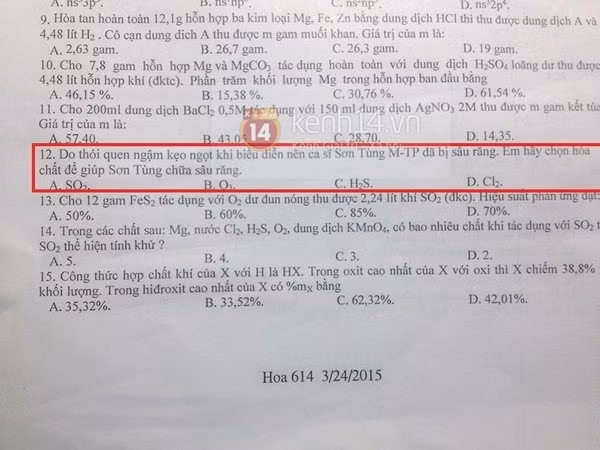 “Ca si Son Tung-MTP bi sau rang” vao de thi Hoa lop 10-Hinh-2