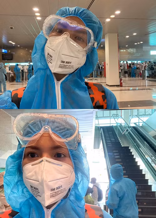 Minh Tú mặc đồ bảo hộ, đeo khẩu trang. Cô cách ly tập trung ở Trà Vinh trong 14 ngày.