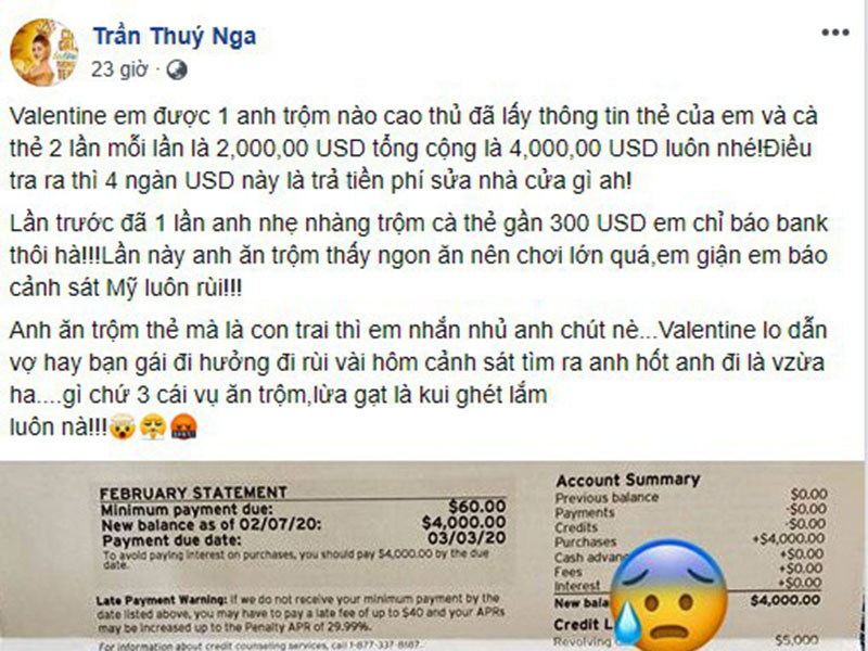 Hồi tháng 2/2020, Thúy Nga bức xúc vì bị trộm cà thẻ mất 4000 USD.