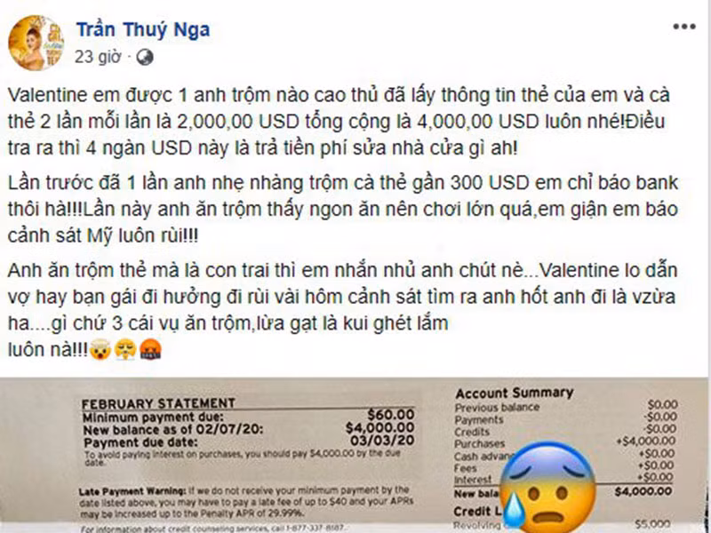 Hồi tháng 2/2020, Thúy Nga bức xúc vì bị trộm cà thẻ mất 4000 USD.