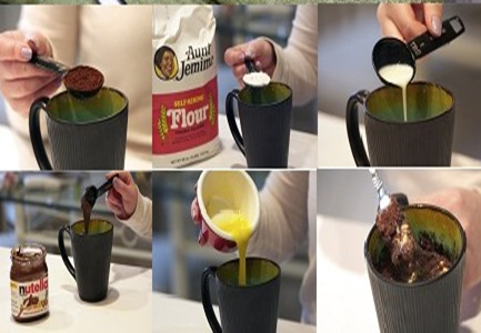 Bánh sô cô la. Việc của bạn chỉ là trộn tất cả nguyên liệu (bột mì, bột cacao, đường, trứng, sữa tươi…) trong 1 cái cốc sâu lòng. Cuối cùng, lót 1 tờ khăn giấy vào lò vi sóng (để tránh việc bánh chín trào ra gây bẩn lò) và đặt ly bột vào quay tầm 2,5 phút ở nhiệt độ cao nhất (hoặc đến khi thấy bánh nở phồng lên) là được.