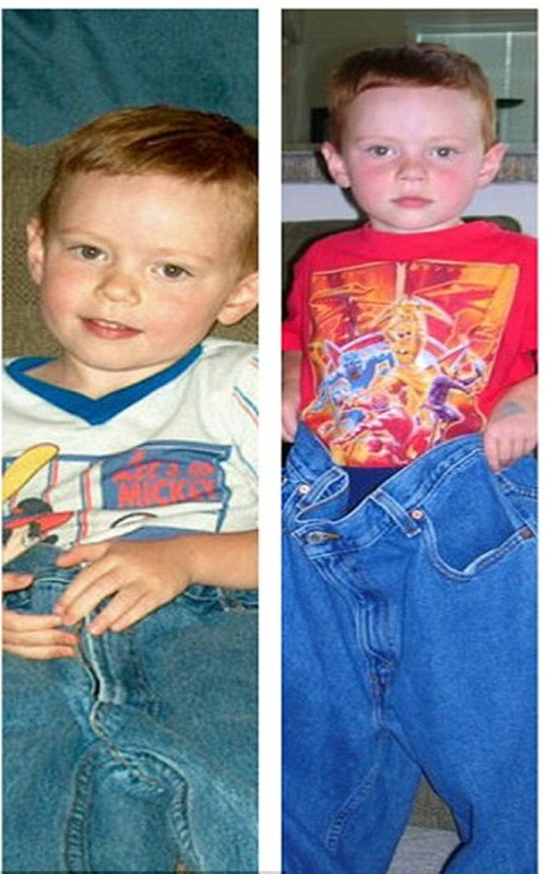 Em bé má hồng hạnh phúc khi được mặc quần của bố lần sinh nhật tiếp theo.