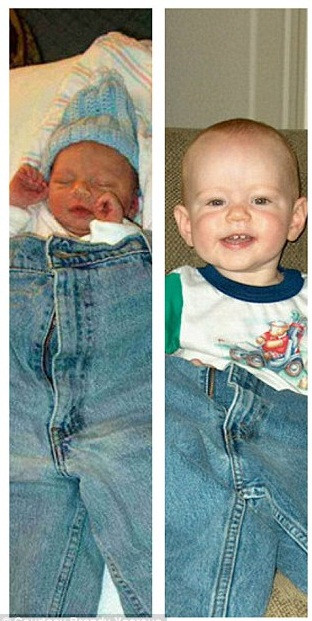 Lần sinh nhật đầu tiên, bé chỉ nằm lọt thỏm trong chiếc quần jeans của bố.