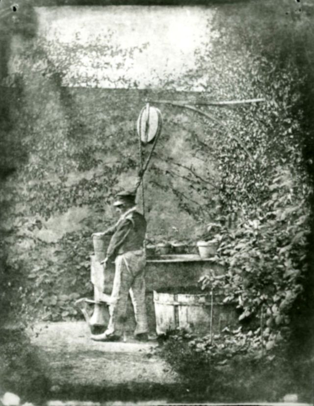 Người đàn ông lớn tuổi múc nước từ một chiếc giếng.