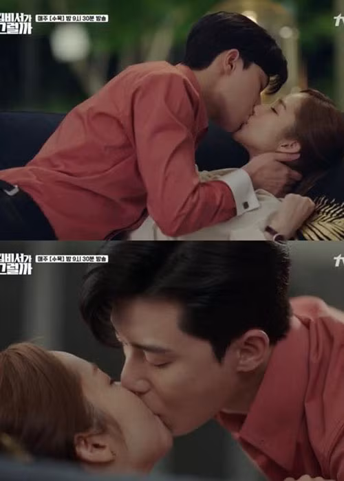 Park Seo Joon và Park Min Young khóa môi nhau nồng nàn trong "Thư ký Kim sao thế". Ảnh: TVN