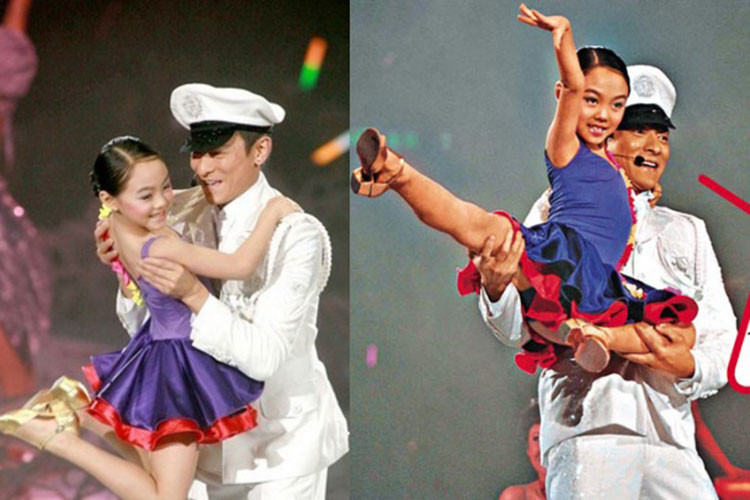 Jane Lý sinh năm 2000, tự tin giống bố, xinh đẹp giống mẹ. Trong ảnh, Jane biểu diễn cùng Lưu Đức Hoa khi còn nhỏ. Ảnh: Sina