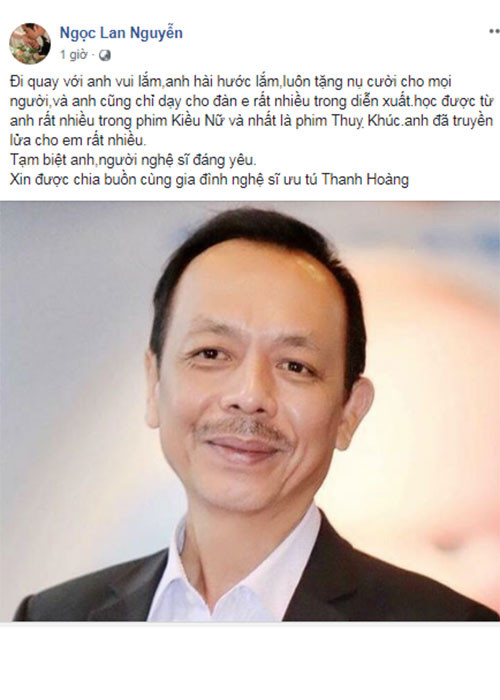 Ngọc Lan gửi lời vĩnh biệt đến nghệ sĩ Thanh Hoàng. Cô chia sẻ từng được đàn anh chỉ dạy rất nhiều trong diễn xuất.