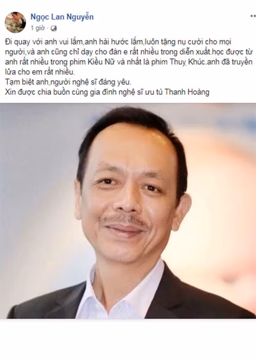 Ngọc Lan gửi lời vĩnh biệt đến nghệ sĩ Thanh Hoàng. Cô chia sẻ từng được đàn anh chỉ dạy rất nhiều trong diễn xuất.