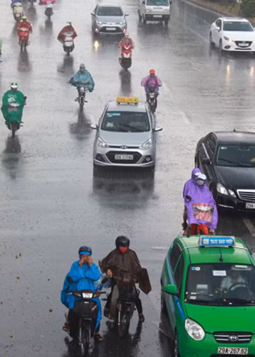 Nhiều người đứng chờ đèn đỏ trong mưa.