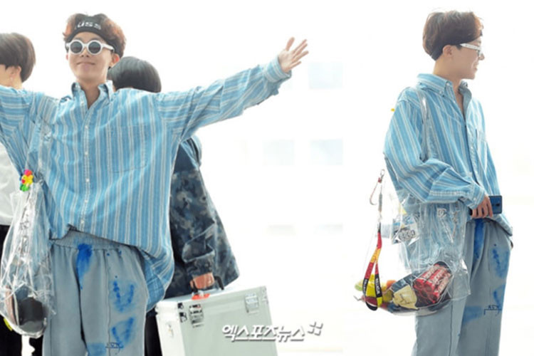 J-hope (BTS): j-hope theo đuổi phong cách thời trang phá cách và mang tính ngẫu hứng khá "nghệ sĩ". Chiếc quần với những mảng màu được vẩy ngẫu hứng kết hợp cùng sơ mi vintage và túi xách trong suốt là sự lựa chọn khá ấn tượng mà ít người dám thử.