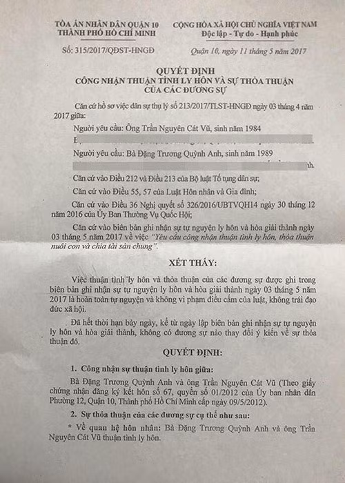 Cụ thể, tháng 5/2017, tòa án nhân dân quận 10, TP HCM xác nhận đã giải quyết ly hôn cho Trương Quỳnh Anh và Tim. Ảnh: Yan