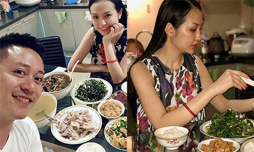 Tuấn Hưng khéo léo khoe mâm cơm của vợ đảm đang nấu cho chồng.