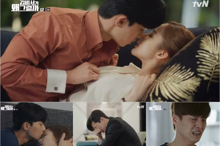 Chàng phó chủ tịch Lee thường chủ động kéo, ôm thư ký Kim vào lòng. Ảnh: TVN