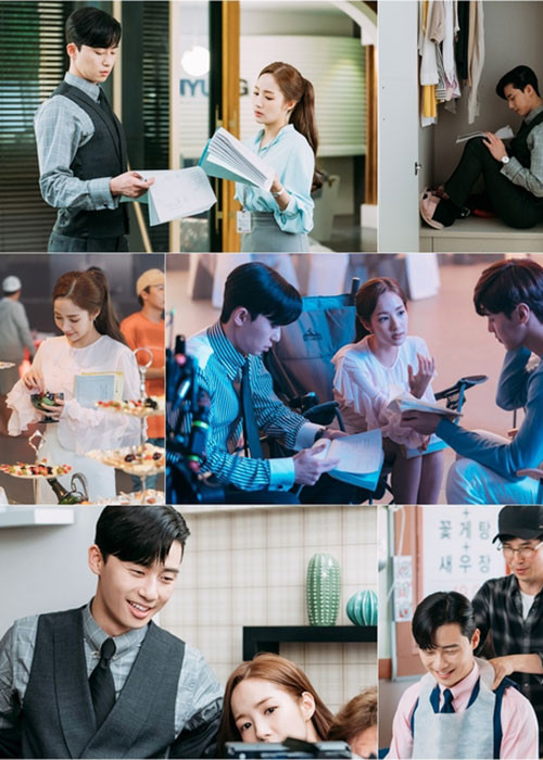 Ở hậu trường phim "Thư ký Kim sao thế", Park Seo Joon và Park Min Young tỏ ra khá thân thiết. Ảnh: TVN