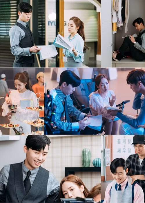 Ở hậu trường phim "Thư ký Kim sao thế", Park Seo Joon và Park Min Young tỏ ra khá thân thiết. Ảnh: TVN