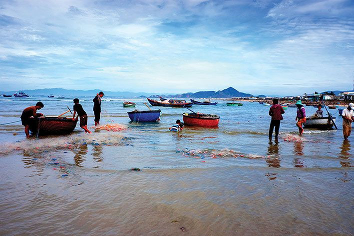 Sáng sớm, mặt trời vừa ló rạng, những chiếc thuyền thúng bắt đầu cập bờ, mang theo hải sản tươi rói và những câu chuyện của ngư dân sau một đêm lênh đênh. Ảnh Internet
