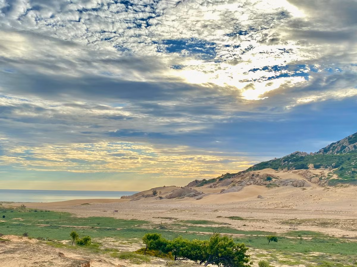 Những dãy cát trắng phẳng lặng, xen lẫn với những triền cỏ khô, những đụn cát cao vút tạo nên một khung cảnh vừa huyền bí, vừa huy hoàng, làm người ta liên tưởng đến những vùng đất xa xôi, chưa được khám phá. Ảnh Internet