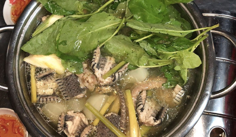 Nếu muốn thử một món ăn “lạ miệng” hơn, đừng bỏ qua đẻn biển – đặc sản vùng biển Nhật Lệ. Đẻn là loài rắn biển nhỏ, thân mềm, thịt thơm, thường được chế biến thành các món xào sả ớt, nướng muối ớt hay thậm chí ngâm rượu. Vị ngọt thanh, cay nồng của món ăn này khiến du khách ăn một lần là nhớ mãi.